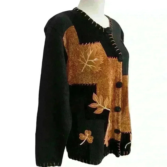 Vintage 80s Victoria Harbour Sweater Size M  Leaf Patchwork Print Black Fall - Picture 3 of 13